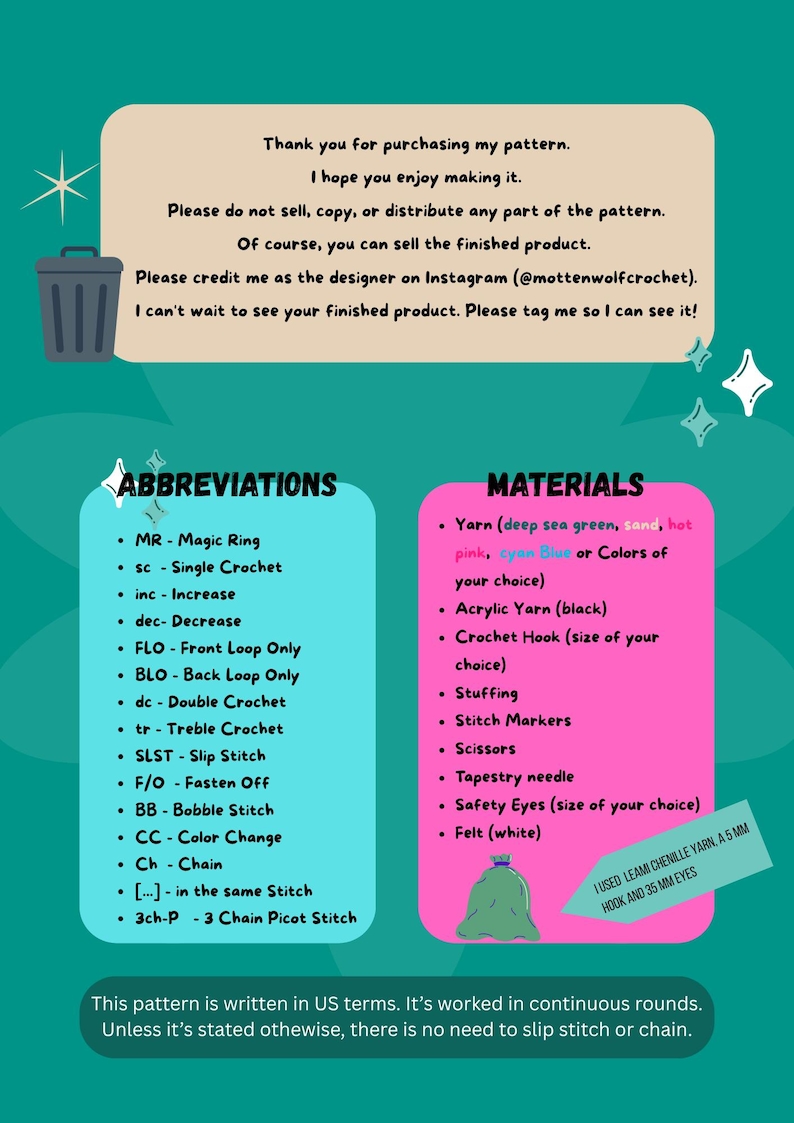 May include: A teal-colored crochet pattern guide with a list of abbreviations and materials. The materials list includes yarn in various colors, a crochet hook, stuffing, stitch markers, scissors, a tapestry needle, safety eyes, and felt.