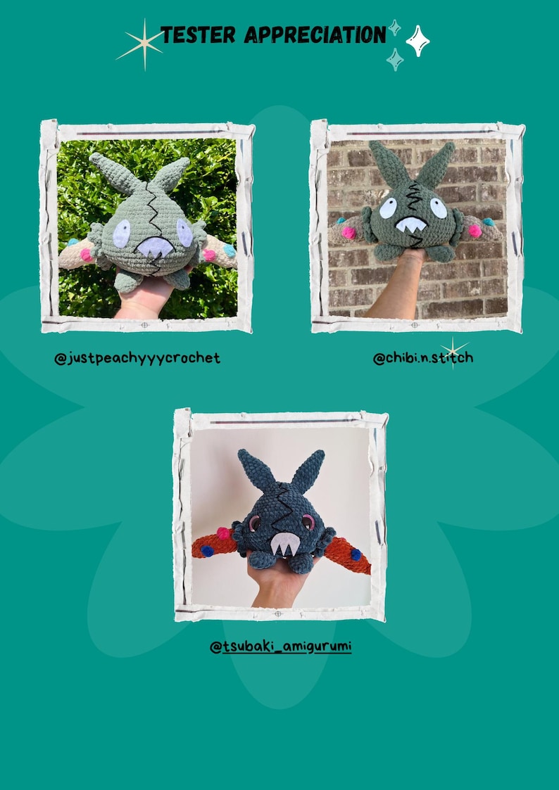 May include: The image showcases three crocheted figures, each framed within a white border against a teal background. The text "TESTER APPRECIATION" is at the top. Each figure has a unique design, with variations in color and style, and are likely handmade.