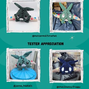 May include: Four crocheted plush toys in a square frame. The toys are in shades of green and blue, with white teeth and accents. The text "CONGRATULATIONS! IT'S DONE" and "TESTER APPRECIATION" are at the top and middle of the image.
