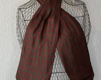 Vintage Silk Ascot- Maroon with Green Chevrons and Paisley- 1950's 1960's