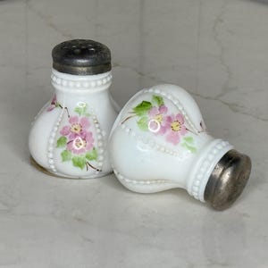 Antique EAPG Hand Painted Milk Glass Salt and Pepper Shakers
