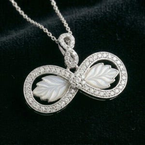 Mother of Pearl Infinity Necklace, Sterling Silver Leaf Inlay Pendant, Eternal Love Jewelry
