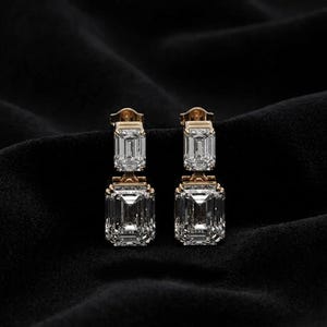 Emerald Cut Lab Diamond Drop Earrings in 925 Sterling Silver, Two Rectangle Dangle Earring, handmade gift