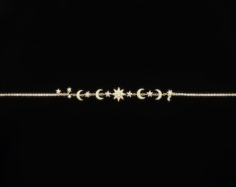Sterling Silver Star & Moon Celestial Bracelet: CZ Diamond Charm