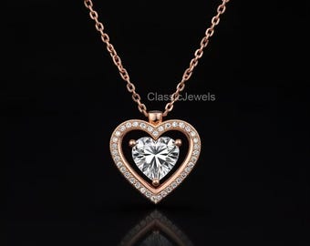 Heart Halo Pendant Necklace: Lab Grown Diamond or Moissanite, 10K Gold or Sterling Silver