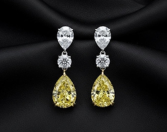 Yellow Pear-Cut Diamond Drop Earrings, Two-Tone Gold, White Diamond Accents