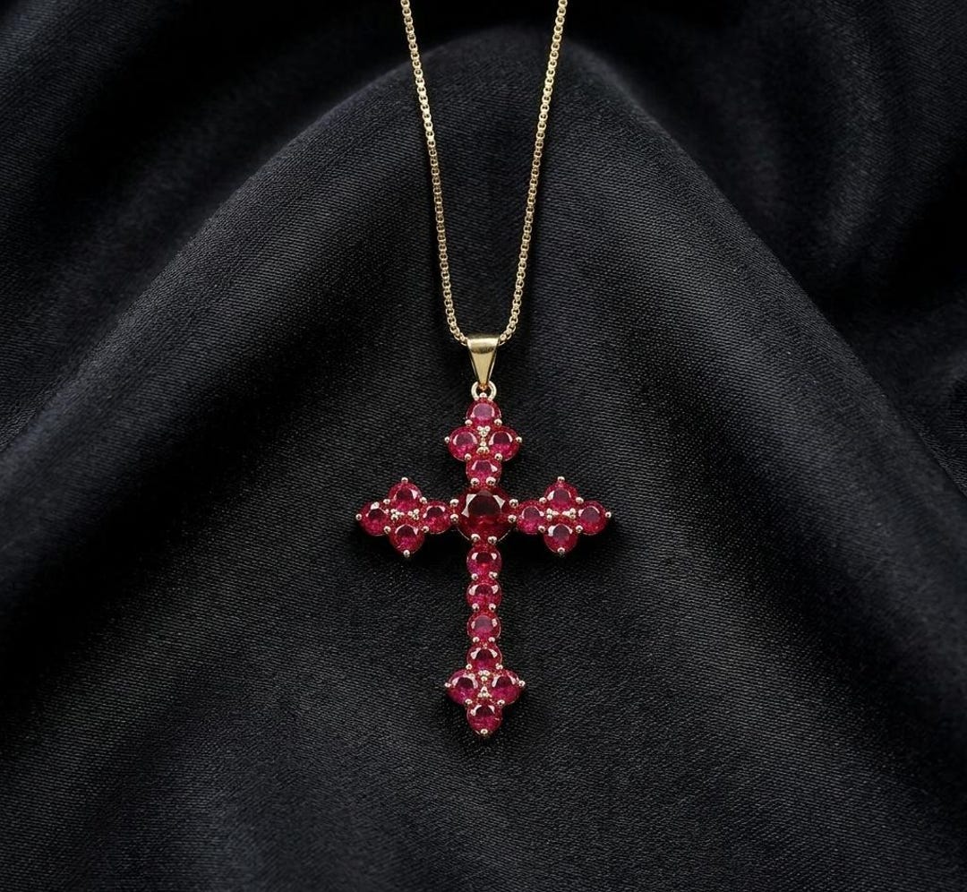 Royal Red Ruby Cross Necklace, 14K Gold Plated Sterling Silver Pendant ...