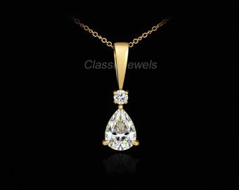 Dainty Lab Grown Diamond Pendant: Two-Stone 10K Yellow Gold Necklace