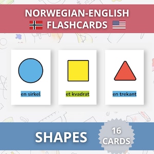 May include: Educational flashcards for learning shapes. The cards feature a blue circle, yellow square, and red triangle. The set includes 16 cards and is designed for Norwegian-English language learning.