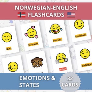 Op de afbeelding: Een set flashcards met de tekst "NORWEGIAN-ENGLISH FLASHCARDS" en "EMOTIONS & STATES". Elke kaart toont een gele emoji die verschillende emoties uitdrukt, met Noorse woorden eronder. De set bevat 32 kaarten.