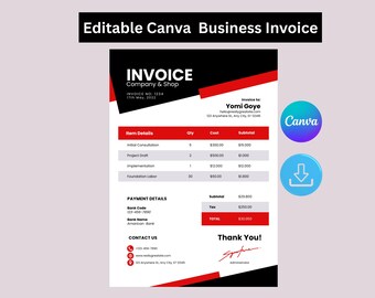 Modèle de facture minimaliste modifiable : formulaire pour petite entreprise (Canva, lettre US et A4) (téléchargement numérique)