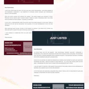 Puede incluir: Dos cartas de marketing inmobiliario. La carta superior dice "HELLO NEIGHBOUR" en texto blanco sobre un fondo granate. La carta inferior dice "JUST LISTED" en texto blanco sobre un fondo azul oscuro. Ambas cartas incluyen información de contacto.