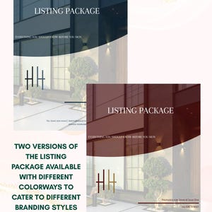 Puede incluir: Se muestran dos versiones de un paquete de listado, una en verde azulado oscuro y otra en burdeos. Cada diseño presenta el texto "Listing Package" y "Everything You Should Know Before You Sign". Los paquetes están diseñados para adaptarse a diferentes estilos de marca.
