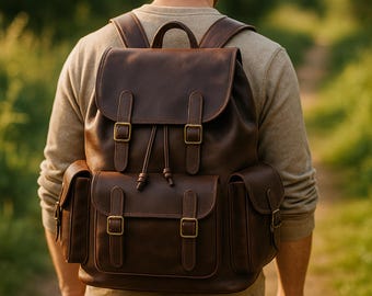 Vintage Full-Grain Leather Backpack, Men’s Hiking Rucksack, Brown Travel Bag, Outdoor Adventure Pack, Handmade Camping Backpack