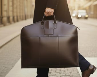 Personalized Full-Grain Leather Garment Bag, Handmade Travel Suit Carrier
