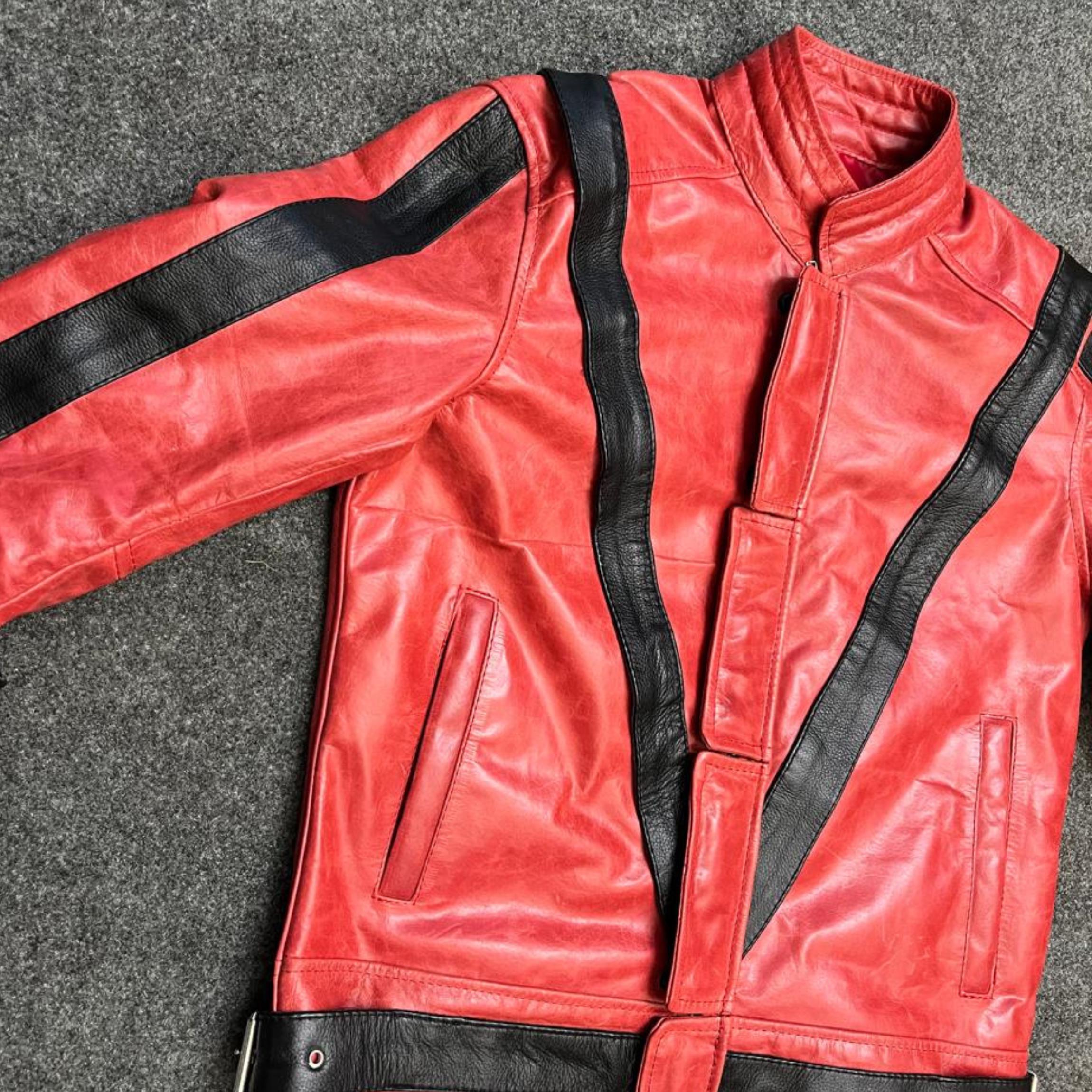 ポルテ　レッド ストライプジャケット サイズ145 Handmade Red Leather Biker Jacket: 80s Thriller Costume - Etsy