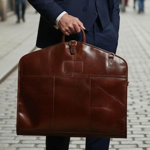 以下が含まれることがあります： 茶色の革製ガーメントバッグ。上部にハンドルとバックル留めが付いています。バッグは長方形で、前面にポケットがあります。紺色のスーツを着た人が持っています。