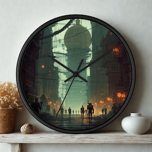 May include: Black-framed wall clock featuring a futuristic cityscape illustration. The image depicts a street scene with tall buildings, figures, and a large, spherical structure in the background. The clock hands are black.