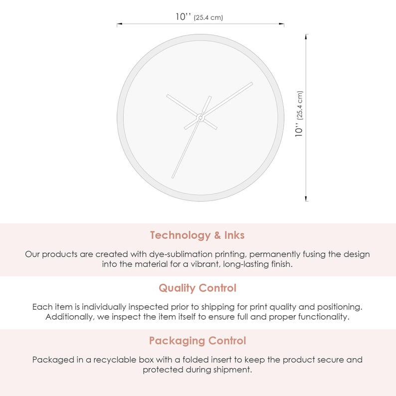 Puede incluir: Un reloj de pared redondo blanco, de 25,4 cm de di&aacute;metro, con manecillas negras. La esfera del reloj es lisa. La imagen tambi&eacute;n incluye texto sobre la tecnolog&iacute;a, el control de calidad y el embalaje del producto.