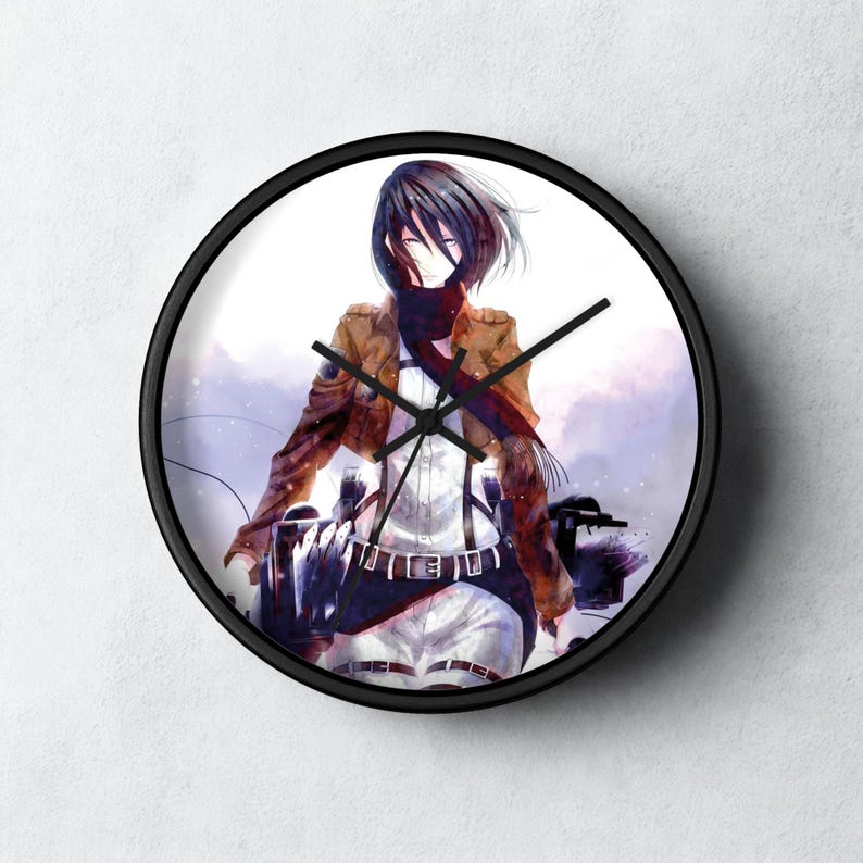 May include: A round wall clock with a black frame. The clock face features an anime-style illustration of a character in a brown jacket, white shirt, and black pants. The clock hands are black.