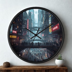 May include: A round wall clock with a black frame. The clock face features a futuristic cityscape with neon signs and a bridge filled with people. The clock hands are black.