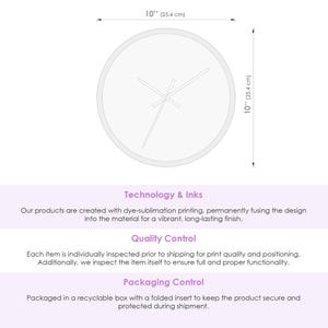 May include: A white, round wall clock with black hands, measuring 10 inches (25.4 cm) in diameter. The image includes text about the product's technology, quality control, and packaging.