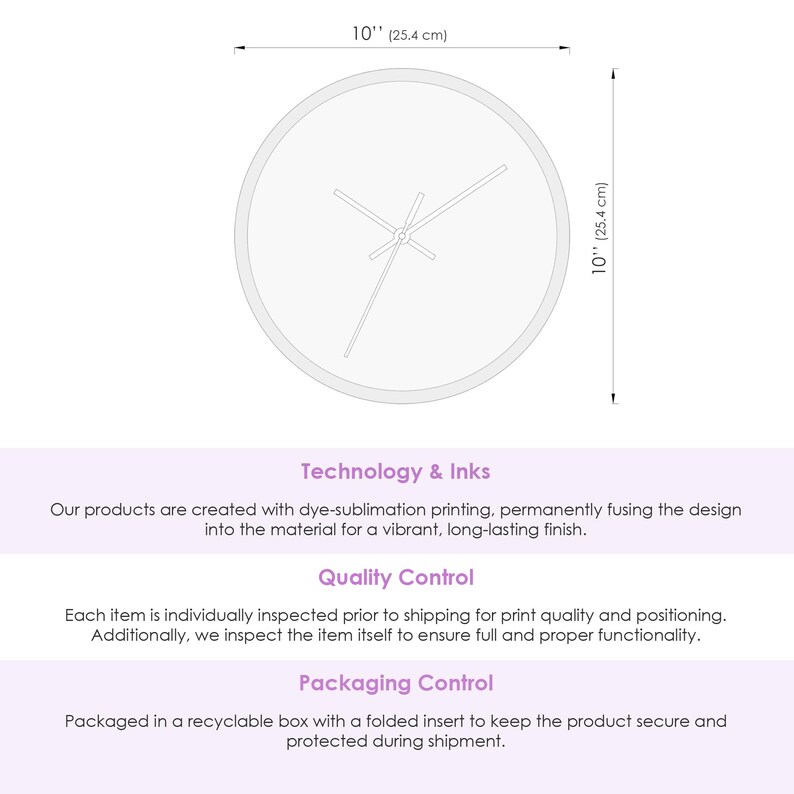 May include: A white, round wall clock with black hands, measuring 10 inches (25.4 cm) in diameter. The image includes text about the product's technology, quality control, and packaging.