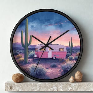 Desert Wood Wall Clock: Retro Nature Wall Art - Caravan & Cactus Design