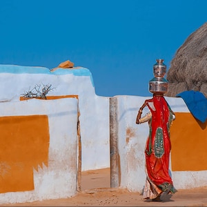 Rajasthan Village Print: Indian Desert Scene, Rural Woman Photography