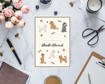 Utskrivbar hälso- och vårdjournal för Cavapoo, Cockapoo och Minipudel - Pudelmixutgåva, perfekt för promenader och hundvakter - Vit