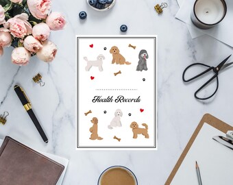 Utskrivbar hälso- och vårdjournal för Cavapoo, Cockapoo och Minipudel - Pudelmixutgåva, perfekt för promenader och hundvakter - Vit