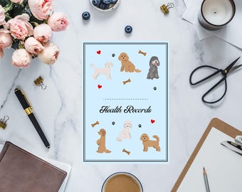 Utskrivbar hälso- och vårdjournal för Cavapoo, Cockapoo och Minipudel - Pudelmixutgåva, perfekt för promenader och hundvakter - Blå