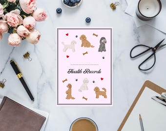 Utskrivbar hälso- och vårdjournal för Cavapoo, Cockapoo och Minipudel - Pudelmixutgåva, perfekt för promenader och hundvakter - Rosa
