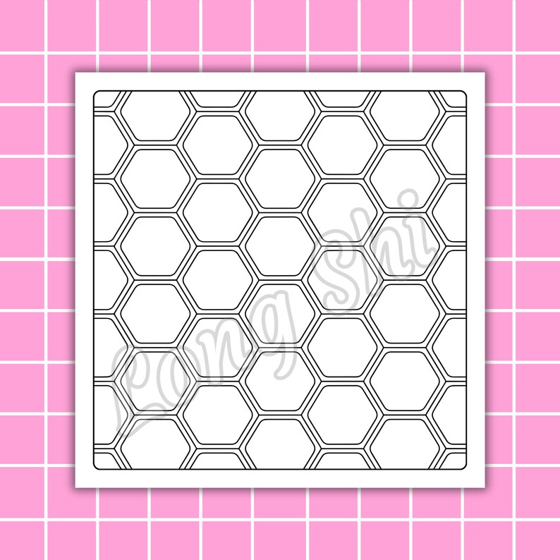 May include: A black and white honeycomb pattern design on a white square, set against a pink grid background. The design features a repeating pattern of hexagonal shapes. The image is a graphic design.