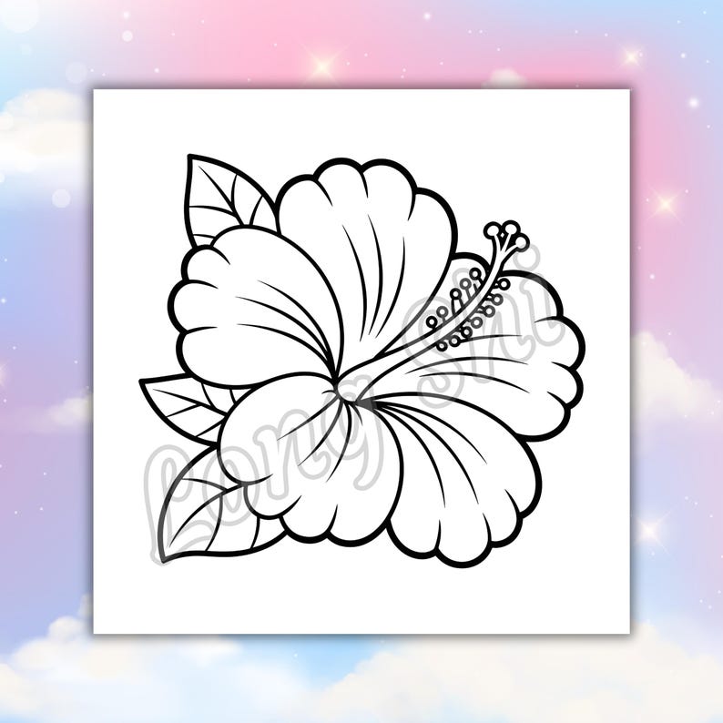 May include: Black and white line art illustration of a hibiscus flower with detailed petals and leaves. The flower is centered on a white square, set against a soft, pastel background.