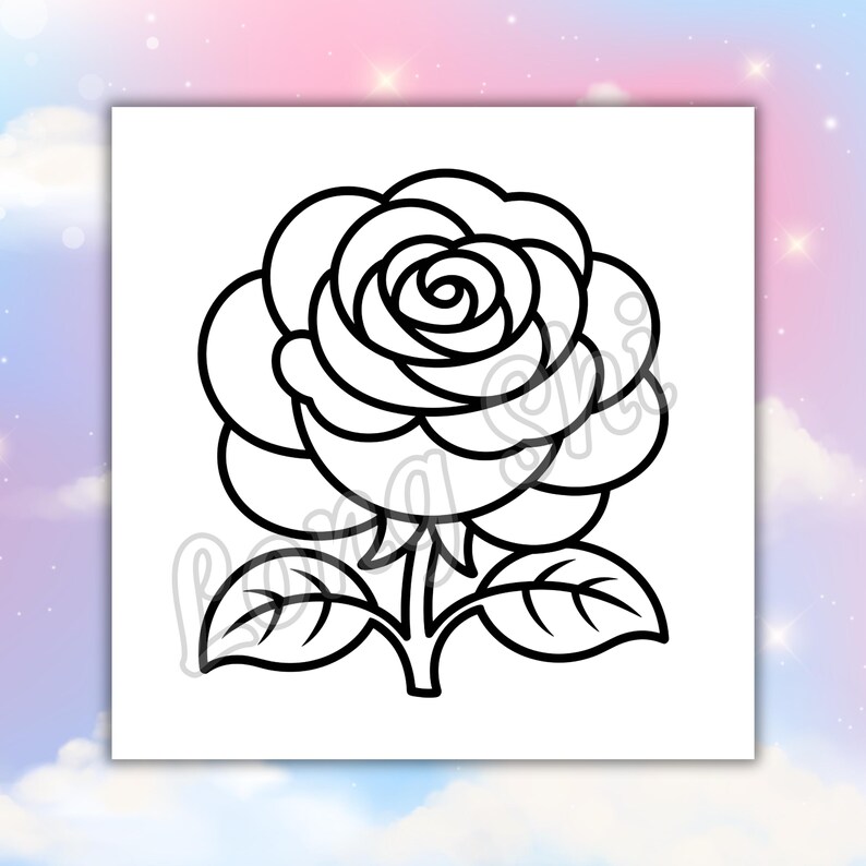 May include: Black and white line art of a rose. The flower is in full bloom, with detailed petals and leaves. The design is simple and elegant, suitable for various applications like stickers or coloring pages.