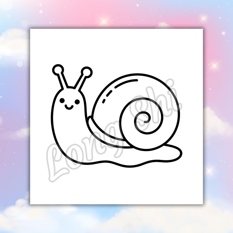 May include: A black and white line drawing of a snail with a smiling face and a spiraled shell. The snail is on a white background with the text "LoryShi" in a cursive font. The background is a soft gradient of pink and blue.