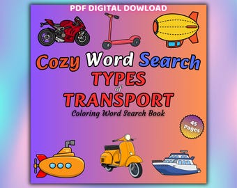 Transportation Word Search Coloring Book: 45 Printable Pages (PDF Digital Download)