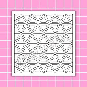 May include: A black and white geometric design featuring a repeating pattern of triangles. The triangles are outlined and arranged in rows and columns. The design is on a white square, set against a pink grid background.