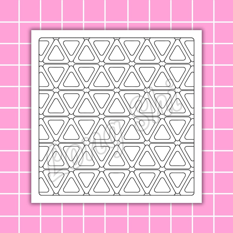 May include: A black and white geometric design featuring a repeating pattern of triangles. The triangles are outlined and arranged in rows and columns. The design is on a white square, set against a pink grid background.