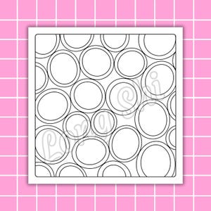 May include: Black and white line art of overlapping circles and ovals. The design is contained within a white square, set against a pink grid background. The image has a simple, geometric pattern, suitable for coloring or design projects.