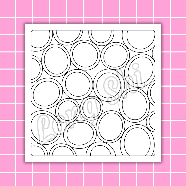 May include: Black and white line art of overlapping circles and ovals. The design is contained within a white square, set against a pink grid background. The image has a simple, geometric pattern, suitable for coloring or design projects.