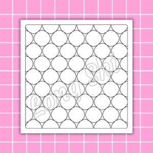 May include: A square, white design featuring a repeating pattern of interconnected, rounded shapes. The design is set against a pink grid background. The text "Long Shi" is visible in the design.