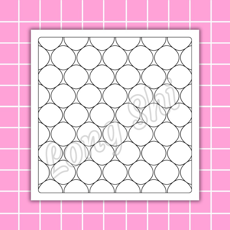 May include: A square, white design featuring a repeating pattern of interconnected, rounded shapes. The design is set against a pink grid background. The text "Long Shi" is visible in the design.