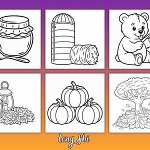 May include: Black and white line drawings of autumn-themed objects. Images include a jar of honey with a spoon, a silo with a hay bale, a bear with honey, lanterns, pumpkins, and a tree with fallen leaves. The text "Long Shi" is at the bottom.