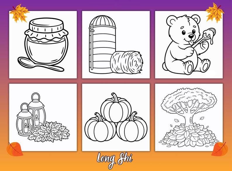 May include: Black and white line drawings of autumn-themed objects. Images include a jar of honey with a spoon, a silo with a hay bale, a bear with honey, lanterns, pumpkins, and a tree with fallen leaves. The text "Long Shi" is at the bottom.