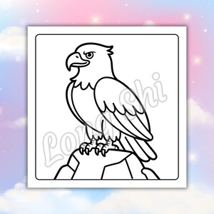 May include: Black and white line art illustration of an eagle perched on a rock. The eagle has a sharp beak and is looking to the left. The image is in a square frame.