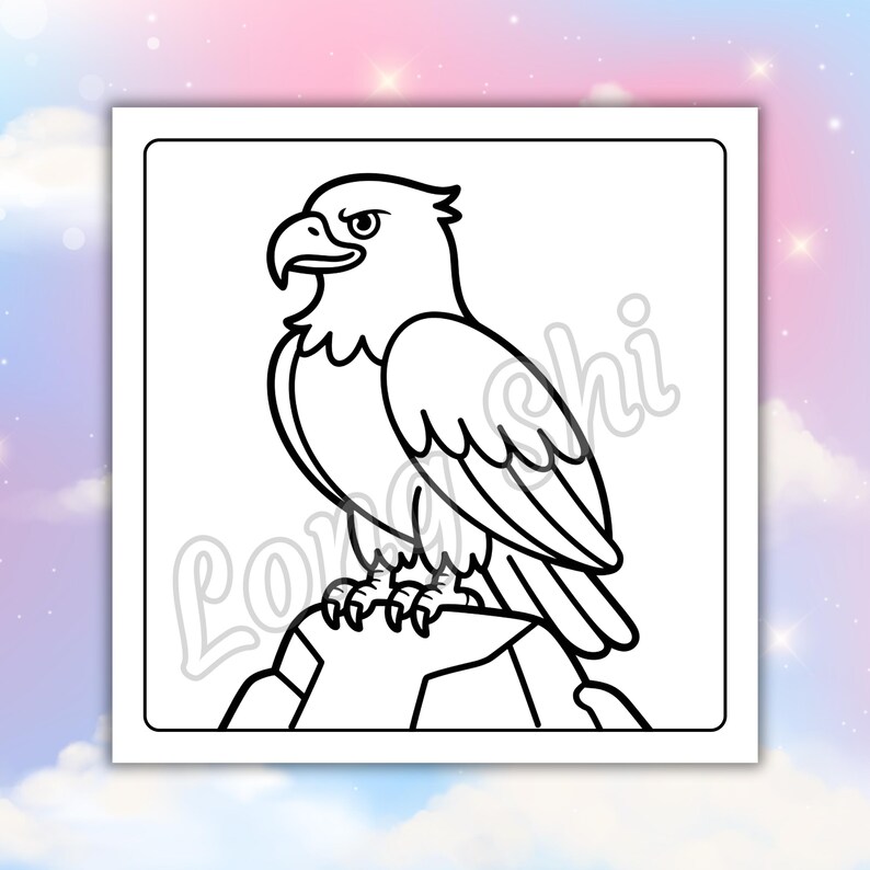 May include: Black and white line art illustration of an eagle perched on a rock. The eagle has a sharp beak and is looking to the left. The image is in a square frame.