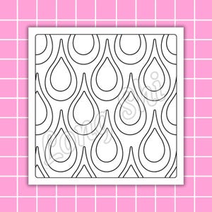 May include: A square, white image featuring a repeating pattern of black teardrop shapes. The teardrops are outlined and arranged in rows and columns. The background is a pink grid pattern.