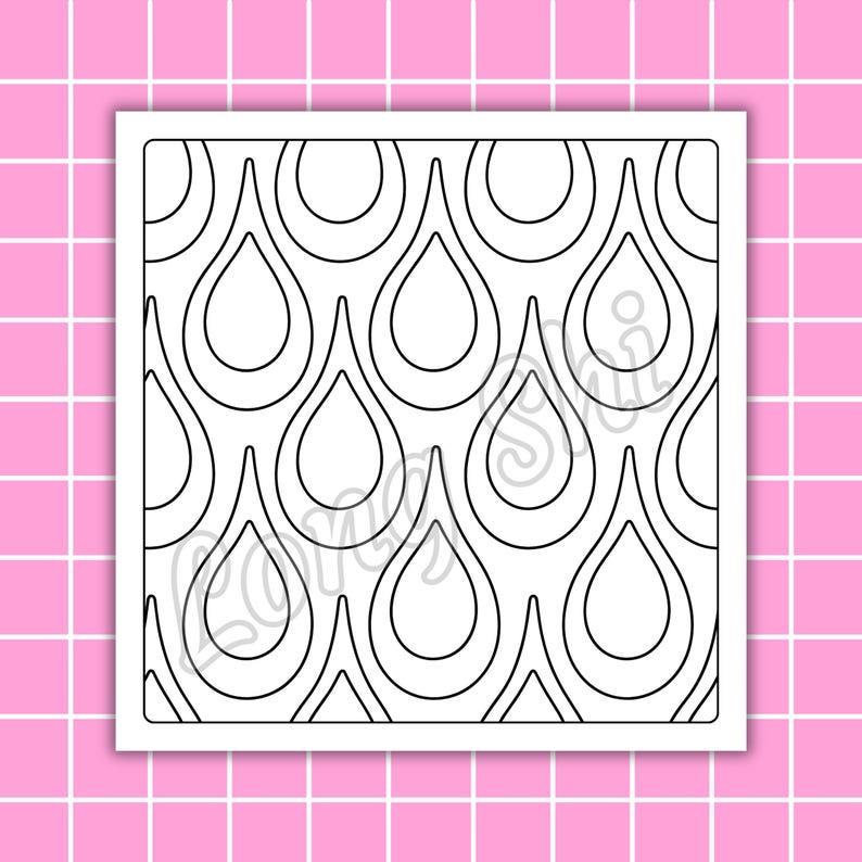 May include: A square, white image featuring a repeating pattern of black teardrop shapes. The teardrops are outlined and arranged in rows and columns. The background is a pink grid pattern.
